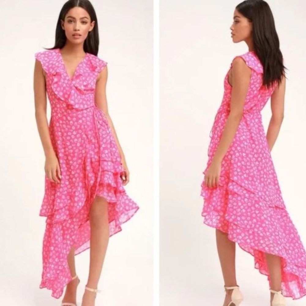 Lulus Cornelia Pink Floral Ruffled Wrap Midi Dress - Like New!